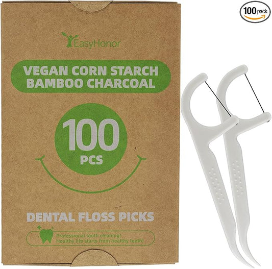 EasyHonor Organic Dental Floss Picks - Natural Biodegradable Floss Sticks with Strong Bamboo Charcoal Thread & Vegan Corn Starch Handle.(100PCS)