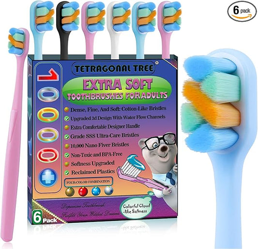 6-Pack Extra Soft Toothbrushes for Sensitive Teeth & Receding Gums - Dentist-Designed Tapered Bristles for Gentle Plaque Removal - Individually Wrapped Toothbrushes
