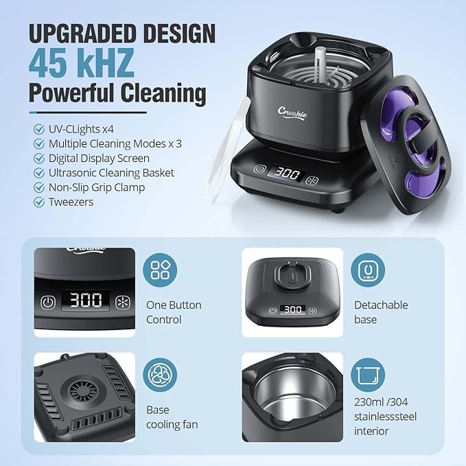Ultrasonic Retainer Cleaner, Detachable 45kHz Retainer Cleaner Machine 3 Modes Dental Cleaning Pod with Visible Window Digital Timer for Mouth Guard, Dentures, Aligner, Braces, Jewelry - Black