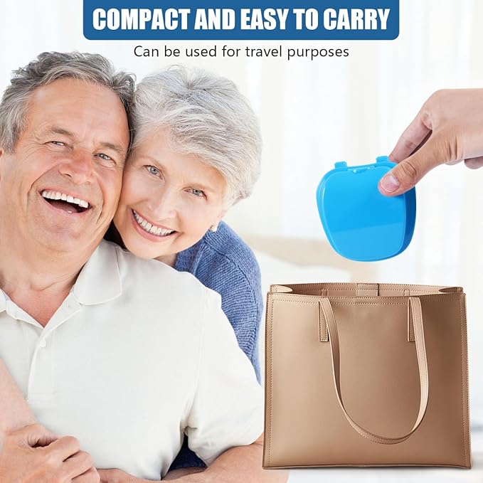 2 Pack Denture Bath Case Cup Box Holder Storage Container with Denture Cleaner Brush Strainer Basket for Travel Cleaning (White and Light Blue)