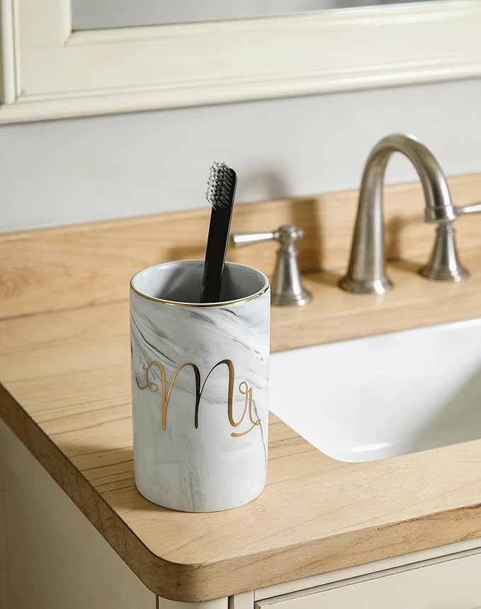 Kelake Ceramic Rustic Gray Marble Bathroom Tumbler Cup for Mouthwash Rinsing Toothbrush and Toothpaste Holder Letters Stand Cups 280 ml Porcelain Milk Drinking Cups for Christmas Birthday