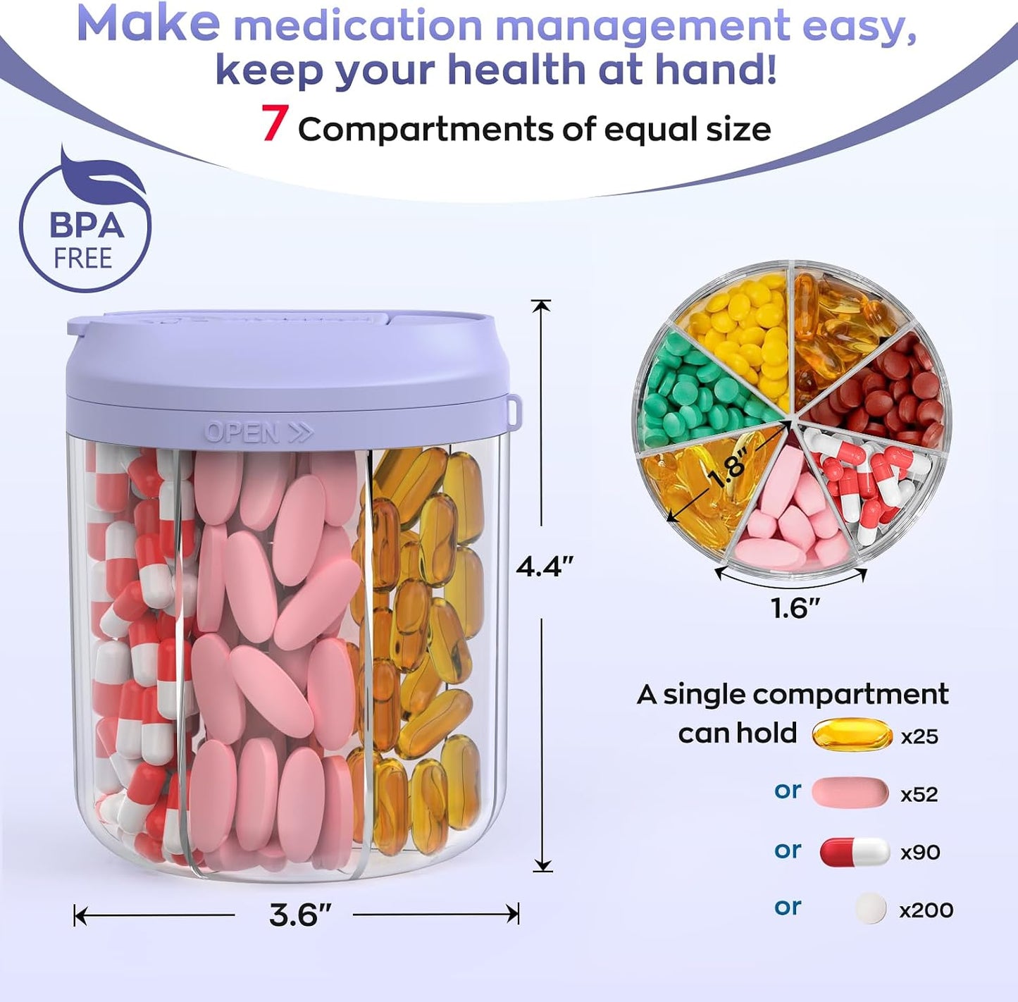 Pill Dispenser with 7 Large Compartments, 4.4" H x 3.6" Dia Pill Bottle Organizer for Travel, Supplement Organizer with Anti-Mixing Design, BPA-Free Pill Container with 20 Pcs Labels Purple