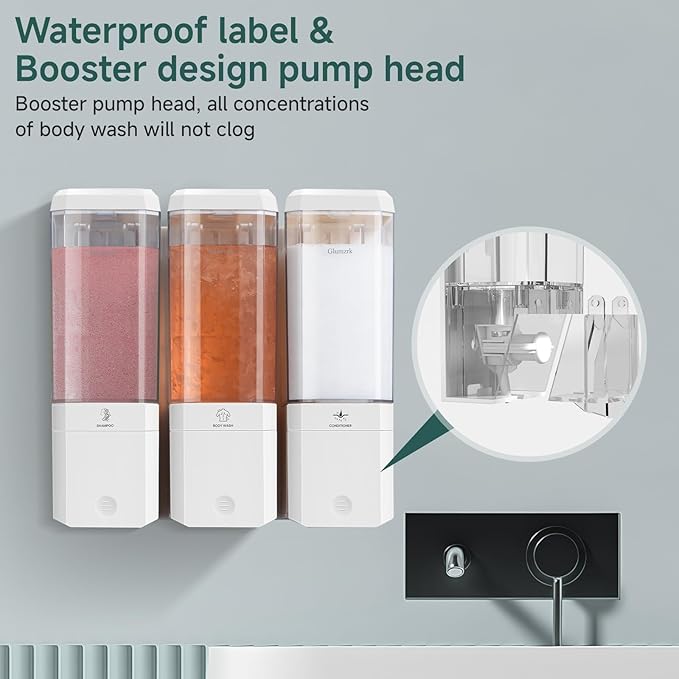 Shampoo and Conditioner Dispenser 3 Chamber No Drill Shampoo Dispenser for Shower Wall Mounted Shower Soap Dispenser 3 * 500ml Refillable Shower Dispenser for Bathroom Hotel(Cream White 3 Chamber)