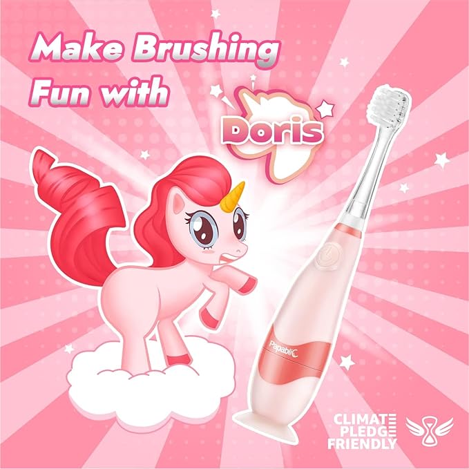 Papablic Toddler Sonic Electric Toothbrush Kids for Ages 1-3 Years, Baby Electric Toothbrush with Cute Unicorn Cover and Smart LED Timer, 4 Brush Heads (Doris)