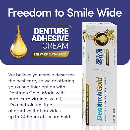 Denttach Gold Denture Adhesive, Petroleum Free Olive Oil Based Premium Denture Adhesive Cream for Full and Partial Dentures, All Day Secure Hold Denture Glue, Zinc Free, 2.4 Ounce (Pack of 3)