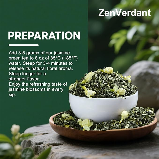 ZenVerdant Premium Jasmine Green Tea Loose Leaf | 7x Scented, Low Caffeine, High Antioxidant | Cold Brew Ready, Smooth Taste, Natural Floral Notes