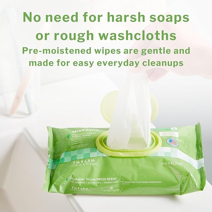 McKesson Flushable* Adult Wet Wipes – 48 Wipes (1 Pack of 48) – Aloe & Vitamin E, Plant-Based Cleansing Wipes, Unscented