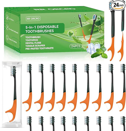 24Pack Disposable Toothbrushes with Toothpaste All-in-One Oral Care Prepasted Individually Wrapped 5-in-1 Mini Toothbrush with Toothpick, Flosser, Tongue Cleaner, Perfect for Travel & On-The-Go