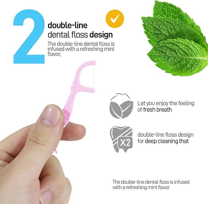 Holy Rose Pink Dental Floss Picks, 2 Packs Travel Cases with Twin Line Flosser 104 Count, Mint, Flossers Sticks Toothpicks is an Oral Care Tool for Clean and Fresh Teeth.