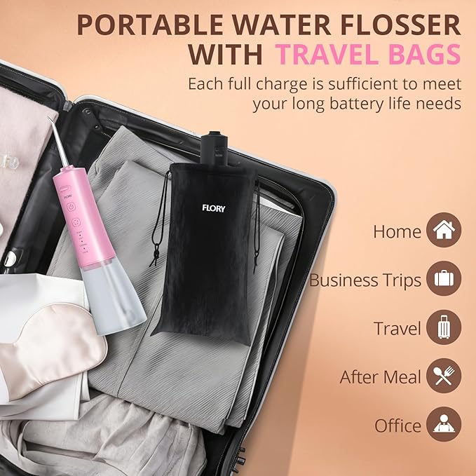 2 Pack Water Flosser for Teeth, Portable Cordless Water Dental for Couples, Travel Water Flossers with 3 Modes and 12 Tips, Rechargeable & IPX7 Waterproof, Travel Portable Dental Cleaner (Black&Pink)