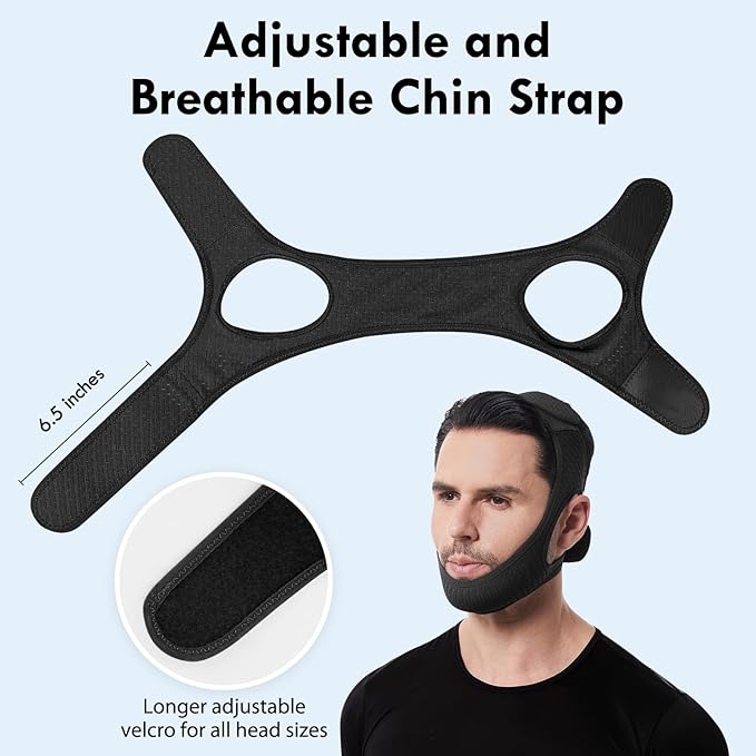 Anti Snoring Chin Strap, Comfortable Chin Strap for Sleeping Anti Snore Chin Strap, Adjustable and Breathable Jaw Strap for Sleep for Men or Women, Non-Stick Hair Anti Snoring Devices, Black