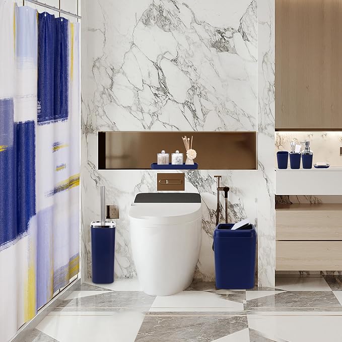 Blue Bathroom Accessories Set, Bathroom Sets with Shower Curtain, Navy Blue Bathroom Accessories with Trash Can, Soap Dispenser, Soap Dish, Toilet Brush Holder, Qtip Holders for Bathroom