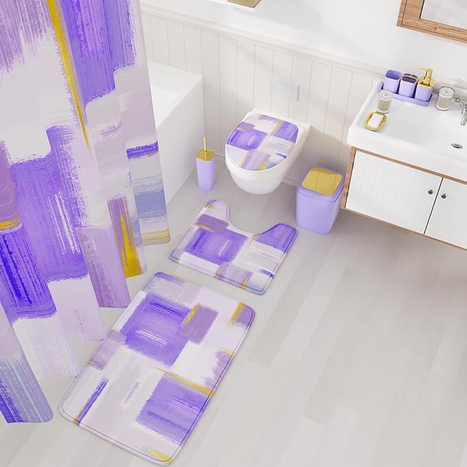 Bathroom Accessories Set - 25PC Bathroom Set with Shower Curtain and Rugs, Purple Bathroom Set, Bathroom Accessory Set with Press-on Lid Trash Can, Soap Dispenser and Qtip Holders