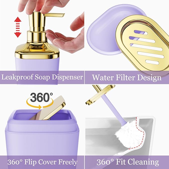 Purple Bathroom Accessories, Bathroom Sets with Stripe Shower Curtain, Purple and Gold Bathroom Accessories Set with Trash Can, Soap Dispenser, Soap Dish, Qtip Holders for Bathroom