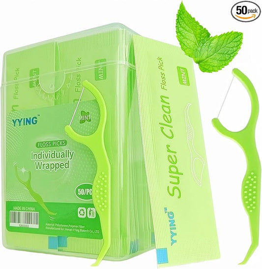 Dental Flossers 50 Count Each Individually Wrapped, Fresh Mint Professional Tooth Picks Flossers for Adults Provide a Deep Cleaning with Portable Case