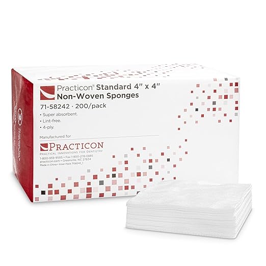 Practicon Standard 4X4 Non-Woven Gauze Sponges, Lint Free 4-Ply Gauze Pads, Non-Sterile, All Purpose for Dental, Medical, First Aid, Cleaning, Wound Care & Dressing, 1 Pack of 200 Sponges