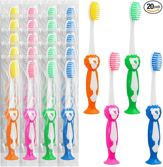 Disposable Toddler Toothbrushes - Pack of 20, Manual Suction Cup Bulk Kids Toothbrushes Individually Wrapped Animal Toothbrush for Home, School, Camp, Daycare, Travel