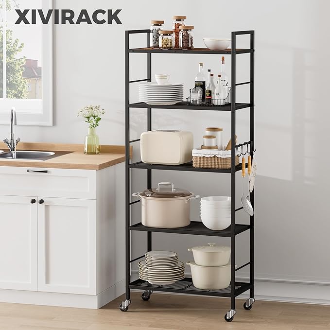 XIVIRACK 5-Tier Metal Storage Rack with Industrial Wheels,Mesh Shelving Unit with Wooden Table top,Adjustable Shelf,23.6-Inch Width,for Kitchen, Laundry,Pantry,Plant,Black