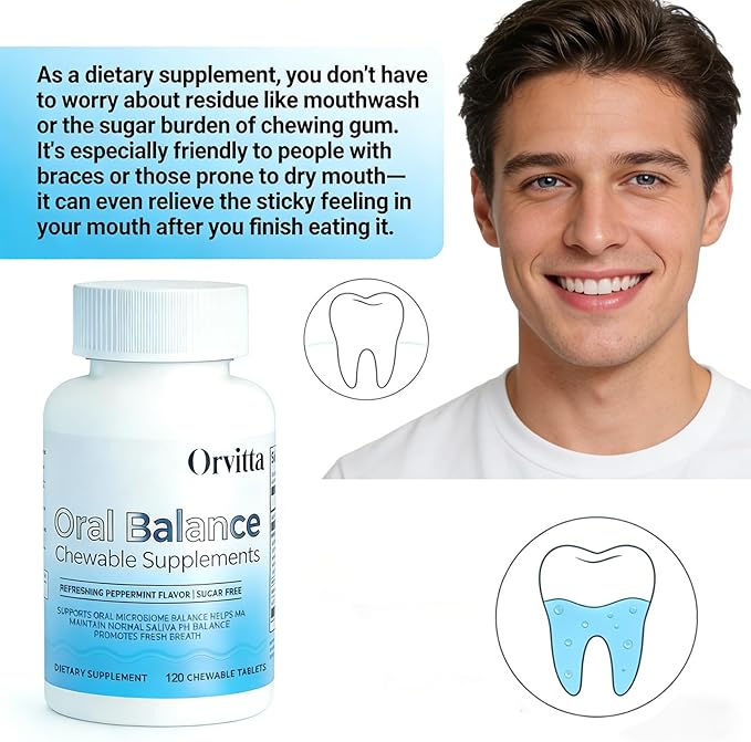 Orvitta Oral Balance Chewable Tablets, Sugar-Free, Refreshing Mint Flavor - Supports Oral microbiota, Saliva pH Balance, and Fresh Breath 120 Tablets