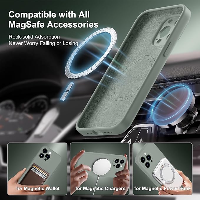 Magnetic for iPhone 15 Pro Case, Compatible with MagSafe, with 9H Nano Screen Protectors, Full Camera Protection, Silicone Shockproof Microfiber Lining Phone Case 6.1", Calke Green