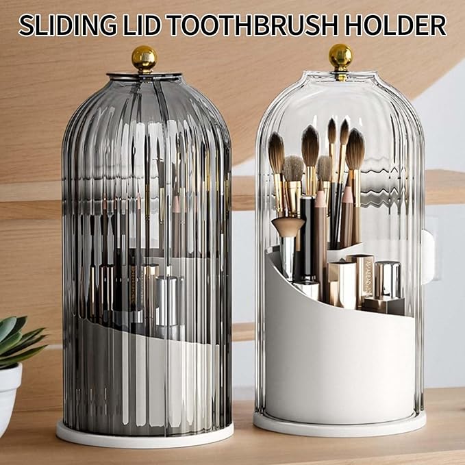 Sliding Lid Toothbrush Organizer, Toothbrush Holders with Sliding Lid, 360° Rotating Dustproof Concealed Toothbrush Holder, 3-Slot Varying Heights, Ideal for Bathroom, Makeup & Travel (White)