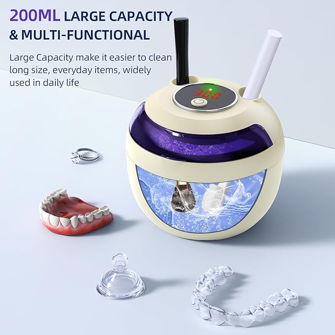 Ultrasonic Retainer Cleaner, Retainer Cleaner Machine for Dentures, Mouth Guards, Braces, Toothbrush Heads, Jewelry with 200ML Capacity, 45kHz Retainer Cleaning, 4 Modes for Appliances (Light Yellow)