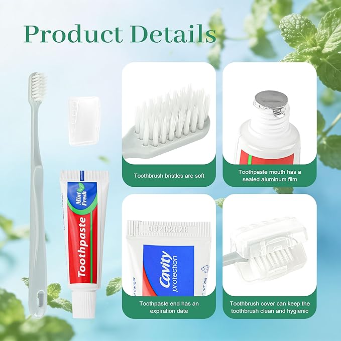Travel Toothbrush Kit Bulk, Toothbrush Toothpaste Set, Hygiene Kit Bulk with Floss Picks, Comb, Protective Case, Individually Packaged, Suitable for Home, Travel, and Hotels (50-Pack)