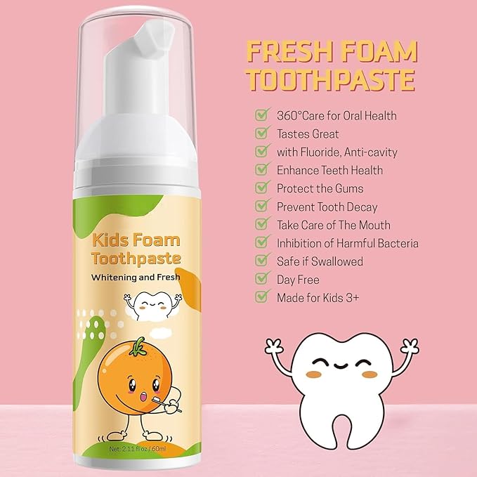 Foam Toothpaste Kids,Toddler Toothpaste with Low Fluoride & Natural Formula to Reduce Plaque, Kids Toothpaste for U Shaped Toothbrush for Children Ages 3 Plus (120 ML, Orange & Strawberry)
