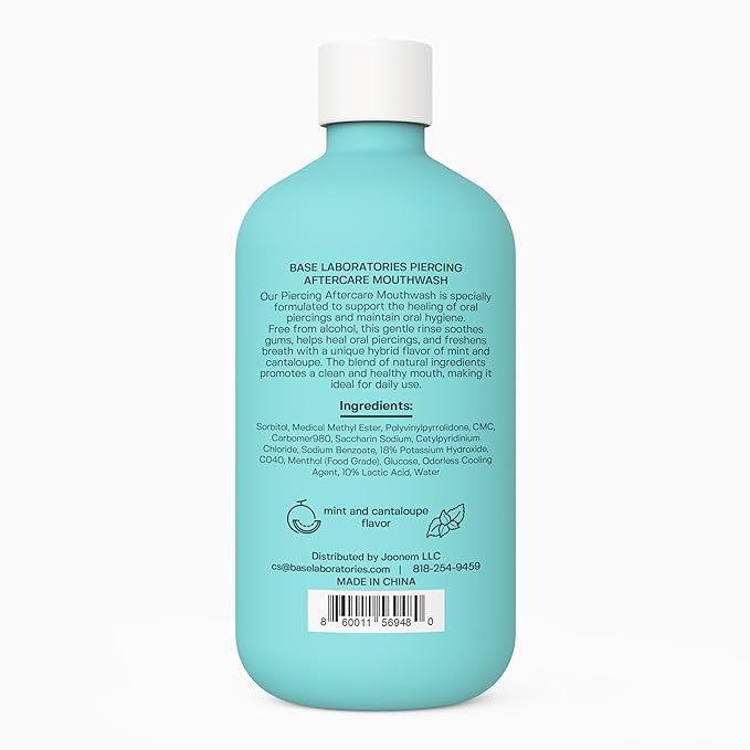 Base Laboratories Piercing Aftercare & Oral Care Mouthwash - Alcohol-Free, Fluoride-Free Healing Rinse for Tongue, Lip, Cheek, & Gum Health - Mint-Cantaloupe Flavor - 16 oz