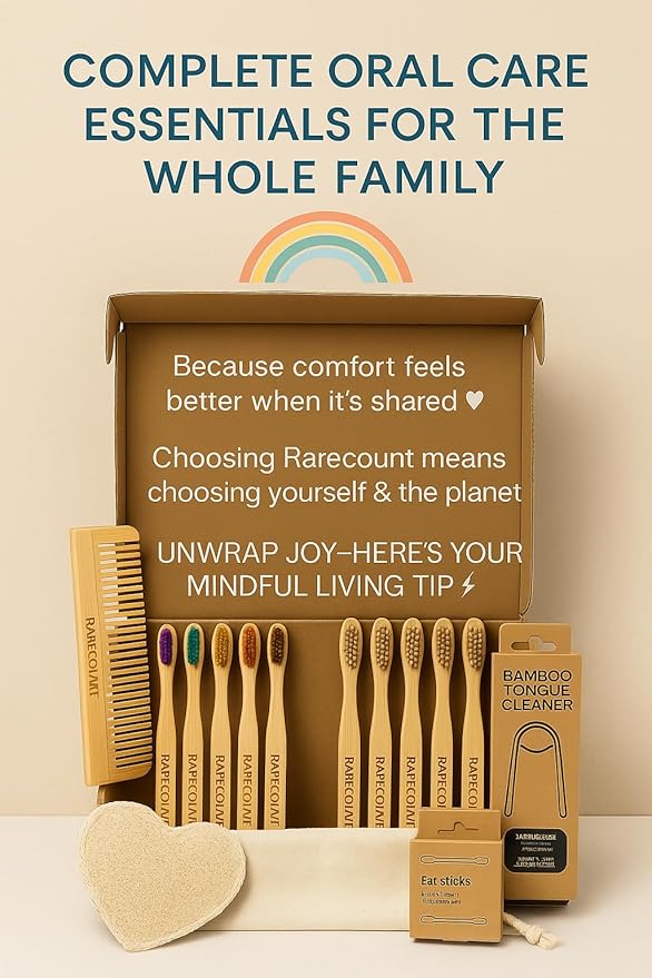 Zero Waste Bathroom Kit – Bamboo Toothbrush, Tongue Scraper, Natural Loofah, Bamboo Earbuds & Wooden Comb | Eco-Friendly Hygiene Set