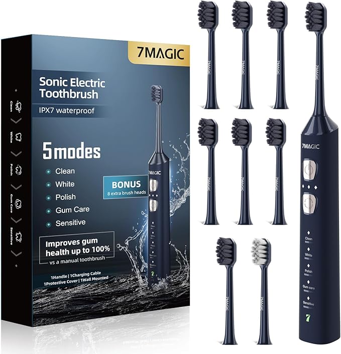 7MAGIC Sonic Electric Toothbrush for Adults and Kids - Up to 180 Days Runtime, 42000 VPM Powered Toothbrush, 5 Modes & 3 Intensities for Sensitive Teeth & Braces, Includes 8 Brush Heads, Navy Blue