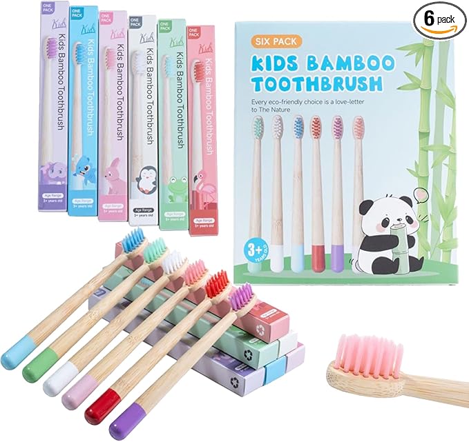 Kids Bamboo Toothbrushes, BPA Free Extra Soft Bristles for Children, Eco-Friendly Natural Bamboo Toddler Toothbrusht, Biodegradable Compostable Tooth Brushes(6 Pack)