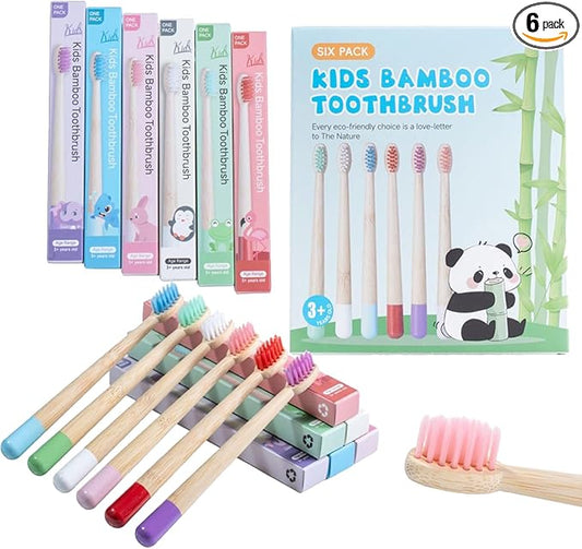 Kids Bamboo Toothbrushes, BPA Free Extra Soft Bristles for Children, Eco-Friendly Natural Bamboo Toddler Toothbrusht, Biodegradable Compostable Tooth Brushes(6 Pack)