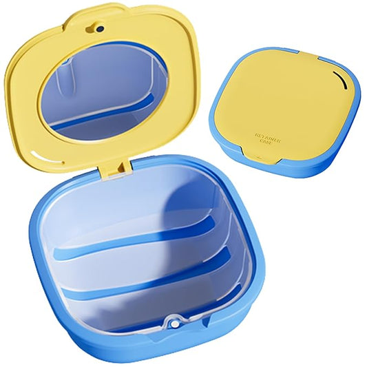 Retainer Case with Mirror and Vent Holes, Cute Slim Aligner Case Compatible with Invisalign, Magnetic Closure Orthodontic Case for Retainers and Mouth Guards (Yellow & Royal Blue)