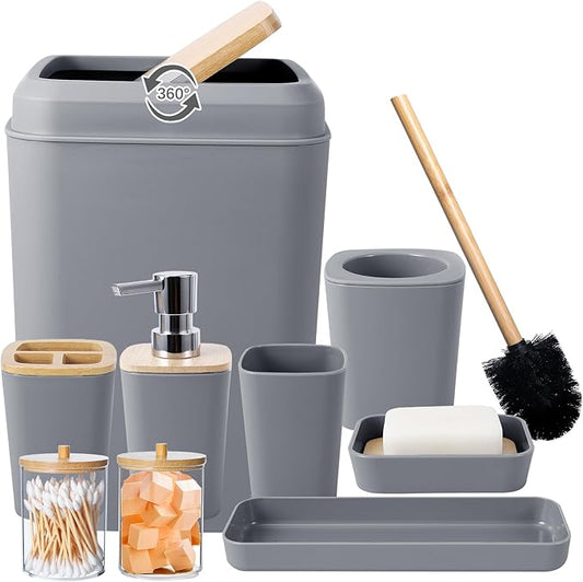 Grey Bathroom Accessories Set with Trash Can 9 Piece Grey Bathroom Decor Toothbrush Holder,Toothbrush Cup,Lotion Soap Dispenser,Vanity Tray,Soap Dish,Toilet Brush,Qtip Holder