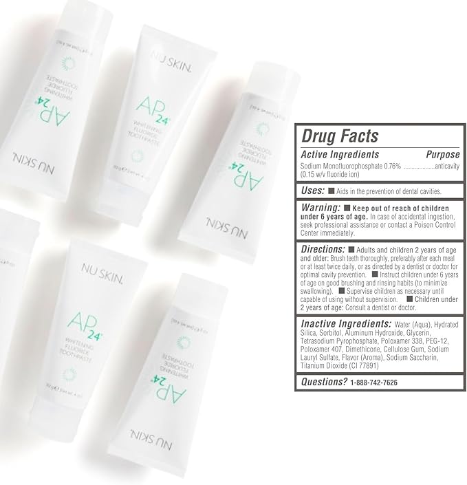 Nu Skin AP 24 Whitening Fluoride Toothpaste | AP 24 Blend | Vanilla Mint Flavor | Brightens Teeth | Removes Surface Stains | Prevents Dental Cavities & Plaque | Enamel-Safe | 4 oz | 1 Pack