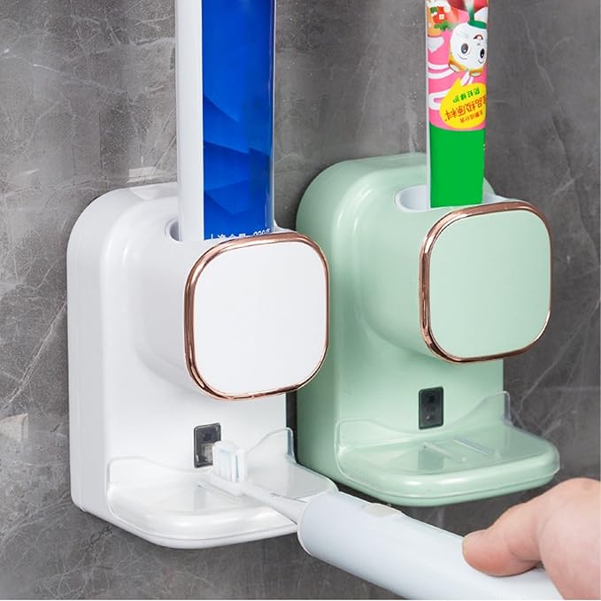 Electric Toothpaste Dispenser, Automatic Toothpaste Squeezer, Wall Mounted with 3 Toothbrush Slots and Holder, Smart Bathroom Accessories Stylish Decor (Green)