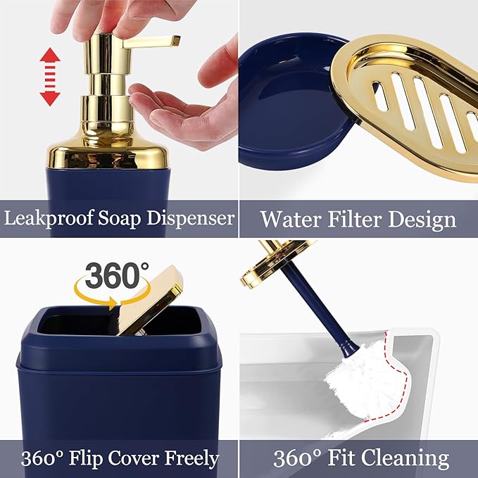 Bathroom Accessories Set - 26PCS Navy Blue Bathroom Set, Bathroom Accessory Set with Shower Curtain and Rugs and Bathtub Mats for Home