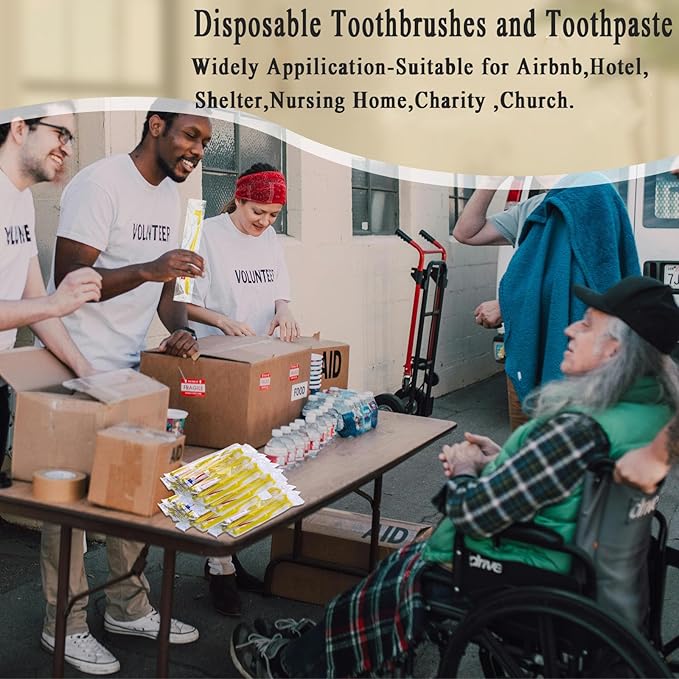 Disposable Toothbrushes with Toothpaste,30 Pack Yellow Hollow Individually Wrapped Disposable Travel Toothbrushes Kit in Bulk for Homeless,Nursing Home,Hotel,Charity