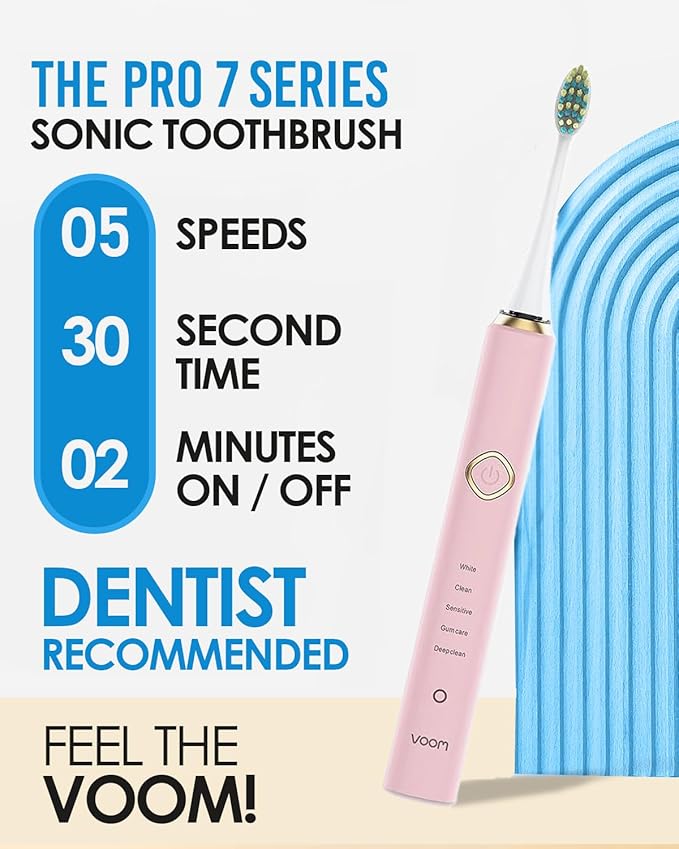 Voom Sonic Pro 7 Series Rechargeable Electronic Toothbrush, Advanced Oral Care Technology, 2-Minute Timer w/Quadrant Pacing, 5 Adjustable Speeds