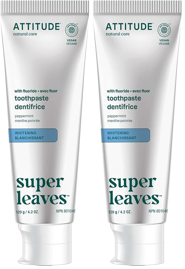 ATTITUDE Toothpaste with Fluoride, Prevents Tooth Decay and Cavities, Vegan, Cruelty-Free and Sugar-Free, Whitening, Peppermint, 4.2 Oz (Pack of 2)