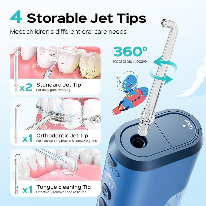 COSLUS Portable Water Flosser for Kids: 4 Gentle Modes for Ages 6+, Braces & Sensitive Teeth - with Fun DIY Stickers, 4 Storable Nozzles, Mini Compact for Home School & Travel Use, BPA-Free, Blue