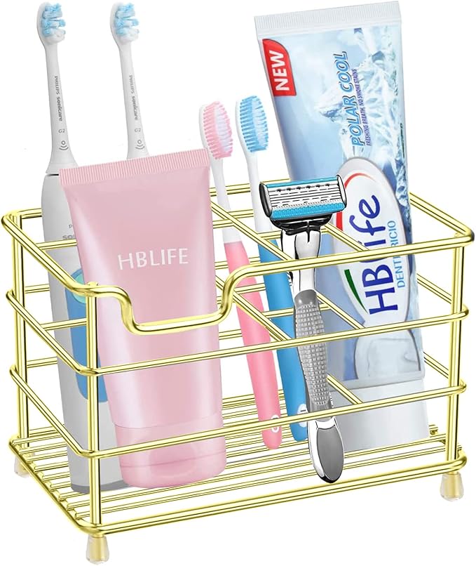 HBlife Large Electric Toothbrush Holder for Bathroom, Gold Stainless Steel Bathroom Accessories Organizer for Small Spaces