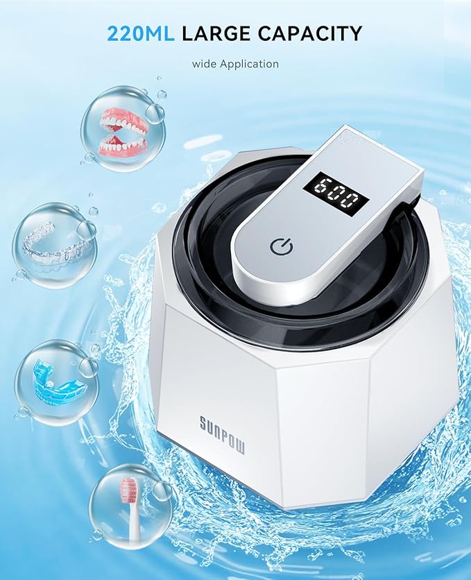 SUNPOW Dental Ultrasonic Retainer Cleaner Machine - 48kHz Retainer Cleaner with 5 UV Lights for Night Guards, Mouth Guards, Dentures- 220ML Dental Cleaning Pod Upgrade Design