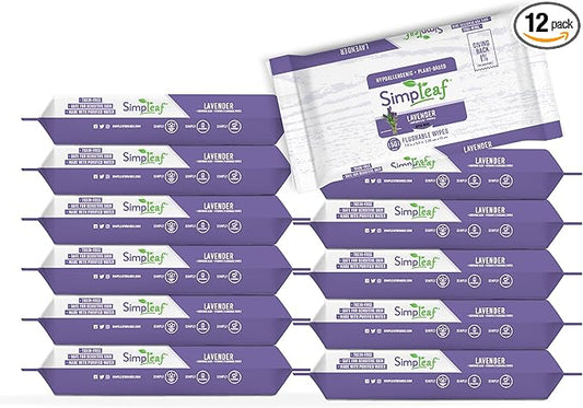 Simpleaf Flushable Wet Wipes Lavender | Plastic Free, Paraben & Alcohol Free | Hypoallergenic & Safe for Sensitive Skin | Soothing Aloe Formula | Adult Toilet Wipes (12 x 50 Counts Pack) 600 Counts