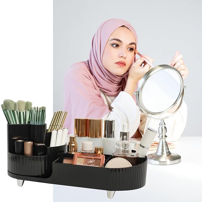 Makeup Organizer Countertop Rotating Makeup Organizer for Vanity Large Capacity Cosmetic Display Case with Makeup Brush Holder Cosmetic Organizer Countertop（Black）