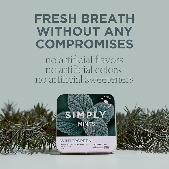 SIMPLY MINTS Natural Wintergreen Breath Mints, 6 Pack (180 Pieces), Made With Real Wintergreen Oil | Aspartame-Free, Sorbitol-Free, Xylitol-Free, Vegan, Kosher, Non-GMO