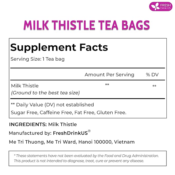 FreshDrinkUS, Premium 205 Milk Thistle Tea Bags, 100% Natural & Pure from Milk Thistle Seeds. Milk Thistle Seed Herbal Tea. Made with Natural Material Tea Bags. No Sugar, No Caffeine, No Gluten, Vegan.