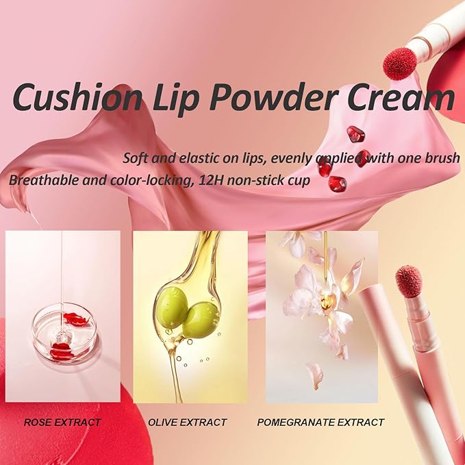 Cushion Lip Powder Cream, Matte Lip Cream - Long-Lasting & Smooth Skin, Non-Drying, Moisturizing Non-Fading Lipstick, CreaM Velvet Finish, Lightweight (N03 Brick red)