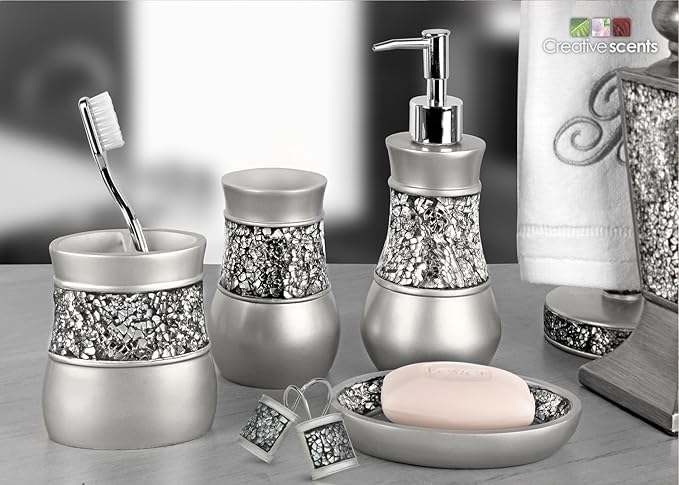 Crackled Glass Silver Shower Curtain Hooks Decorative - Set of 12 Shower Curtain Rings for Bathroom Shower Rod - Elegant Crackled Glass Shower Curtain Hooks